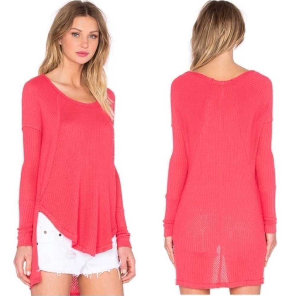 Free People Ventura High Low Thermal Waffle Knit Tunic Top in Red Poppy